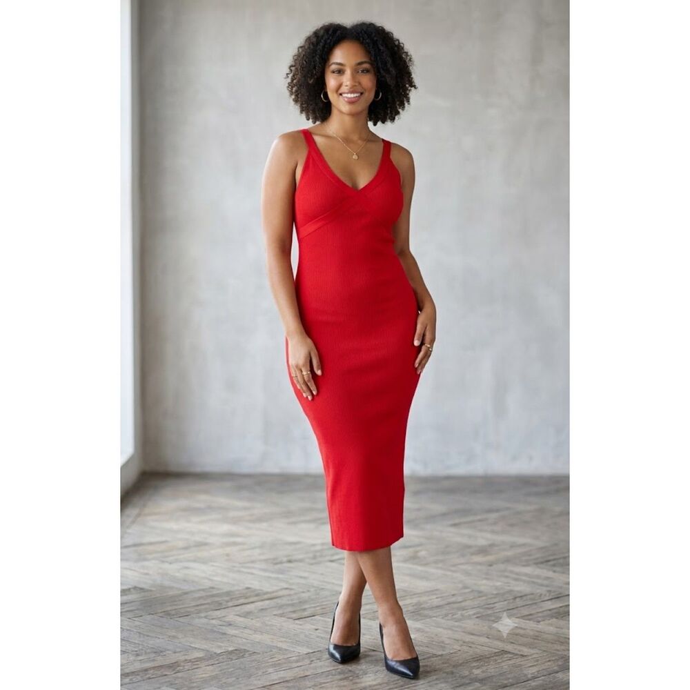 ZARA Red Ribbed Knit Crossover V-Neck Bodycon Midi Dress Size M